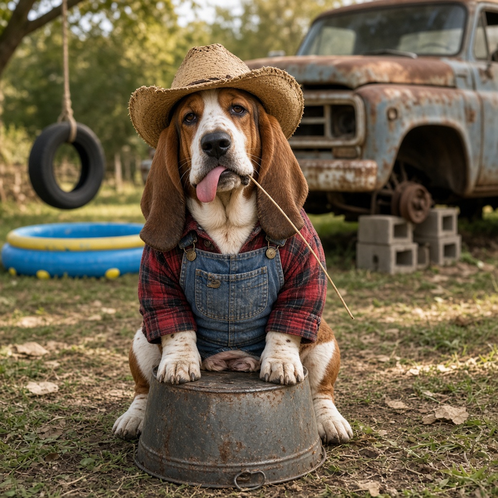 Hank Muddpaws, a basset hound in a straw cowboy hat, red plaid flannel and overalls, sitting on a bucket in front of a rusty pickup on cinder blocks